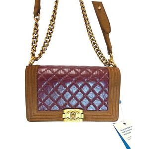 Chanel Medium Boy Bag Brown Quilted Leather Suede Gold Chain Shoulder Crossbody